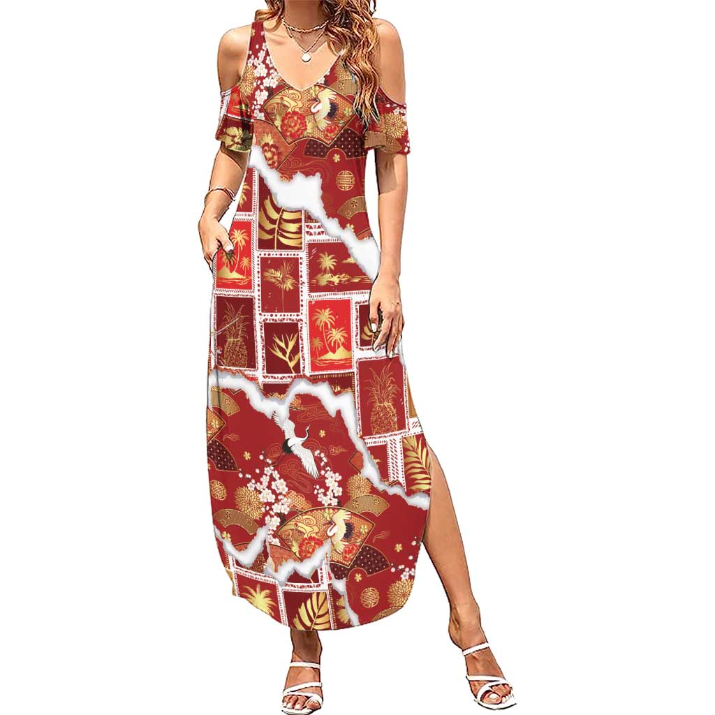 Hawaii Japanese Culture Red Summer Maxi Dress Spring Cranes Aloha Pattern LT01 Women Red - Polynesian Pride