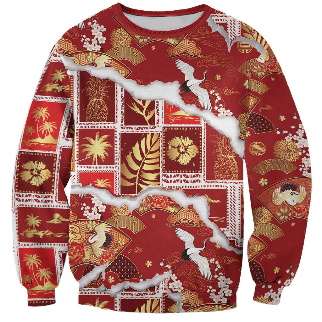 Hawaii Japanese Culture Red Sweatshirt Spring Cranes Aloha Pattern LT01 Unisex Red - Polynesian Pride