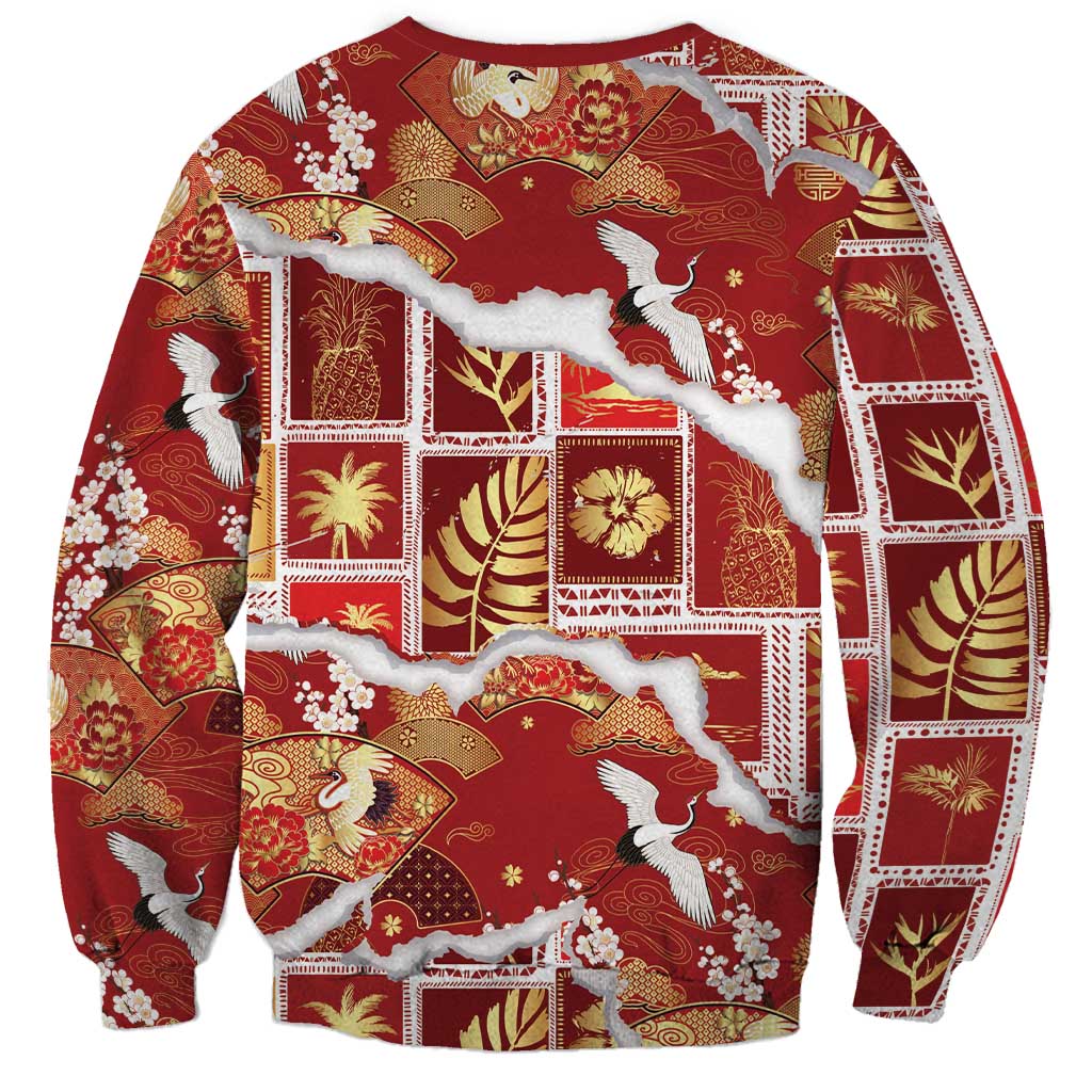 Hawaii Japanese Culture Red Sweatshirt Spring Cranes Aloha Pattern LT01 - Polynesian Pride