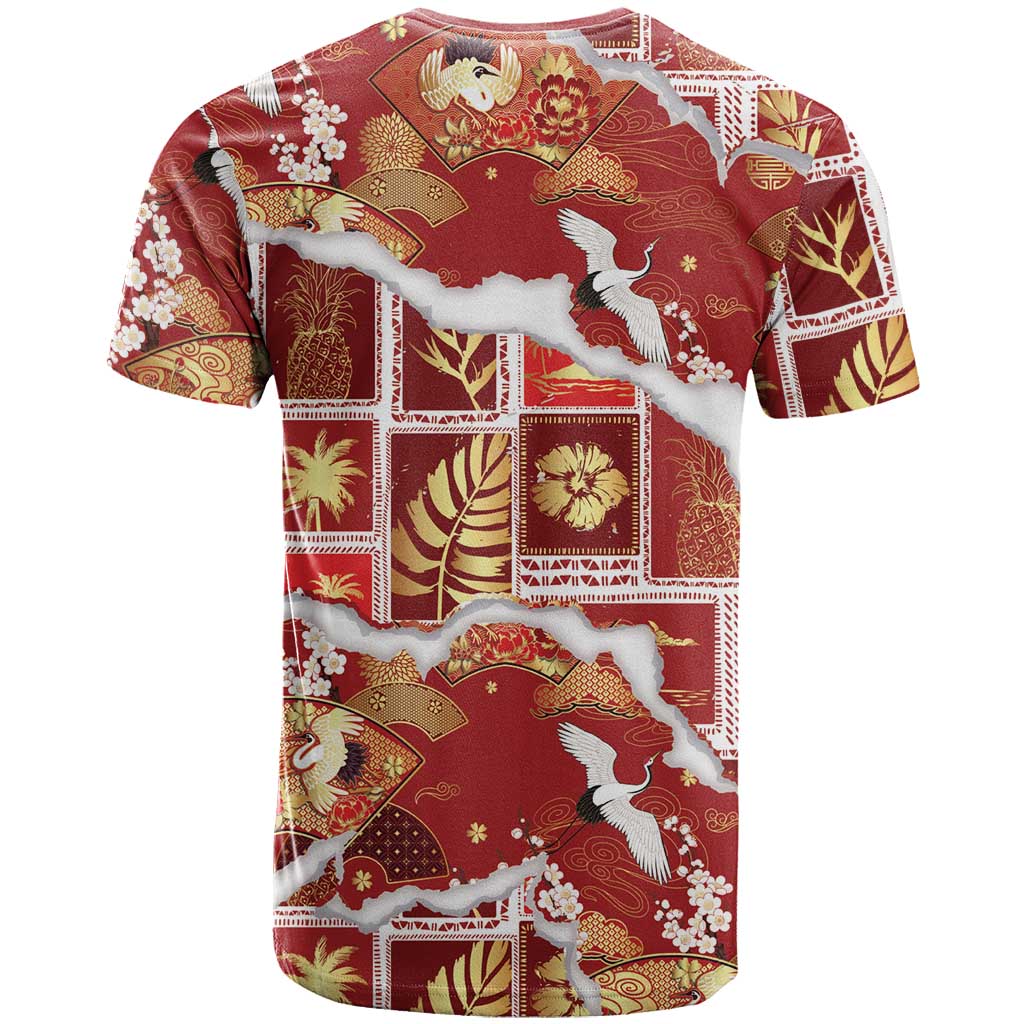 Hawaii Japanese Culture Red T Shirt Spring Cranes Aloha Pattern LT01 - Polynesian Pride
