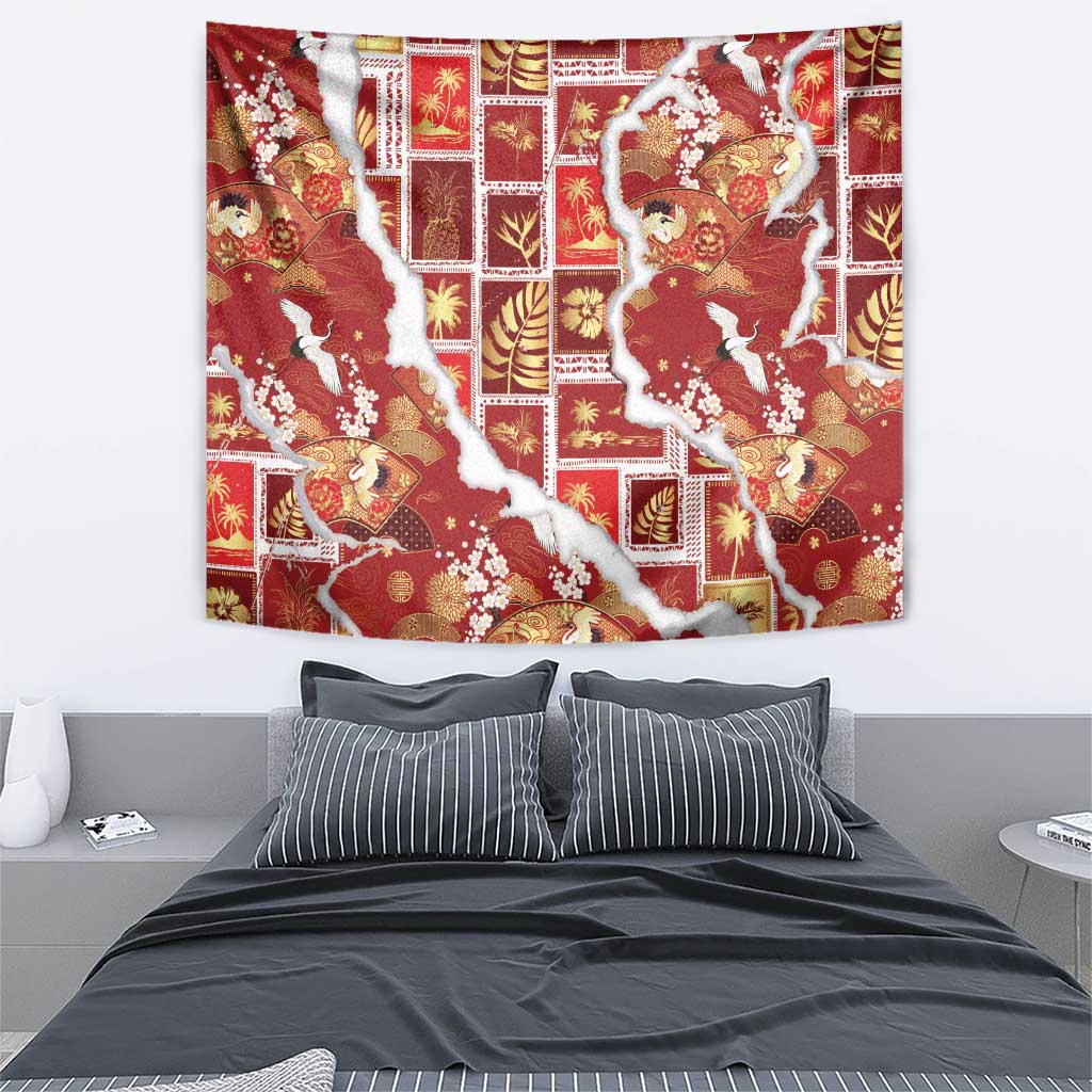 Hawaii Japanese Culture Red Tapestry Spring Cranes Aloha Pattern LT01 - Polynesian Pride