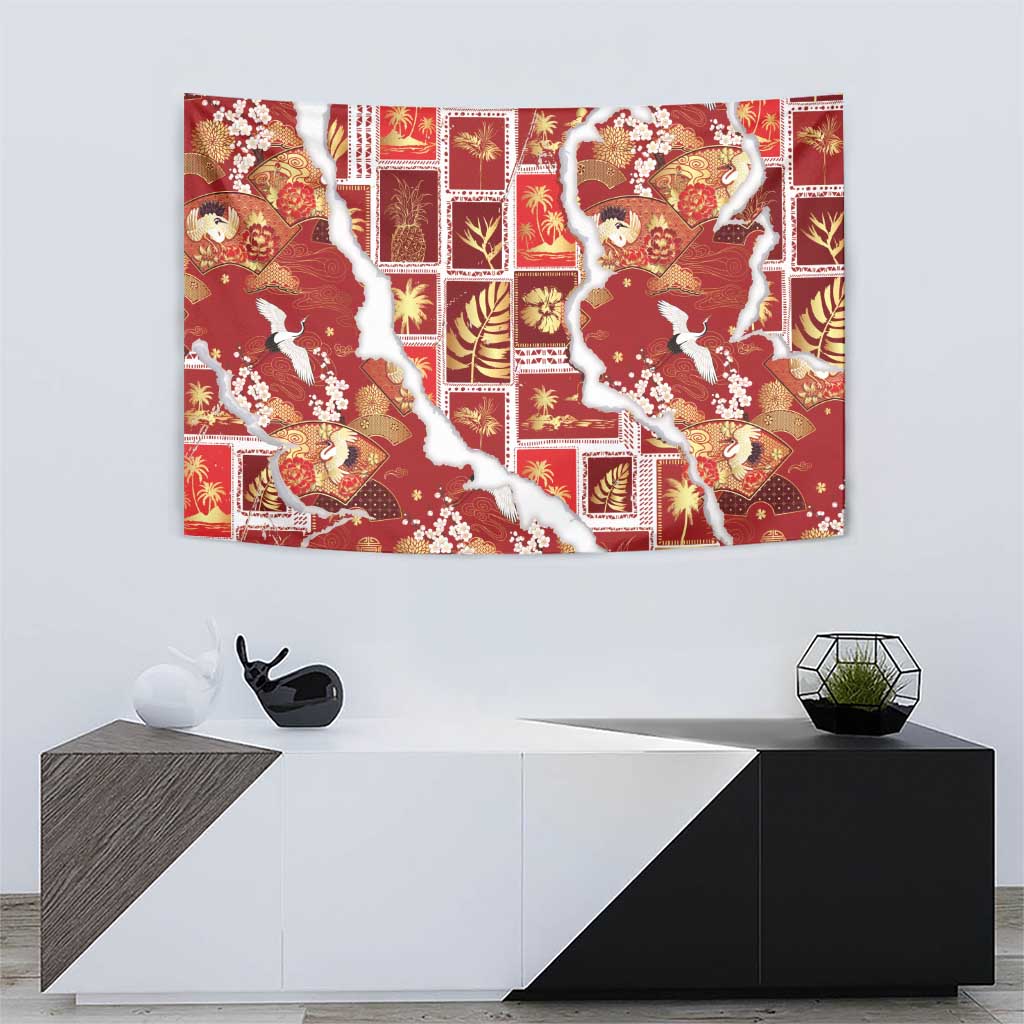 Hawaii Japanese Culture Red Tapestry Spring Cranes Aloha Pattern LT01 - Polynesian Pride
