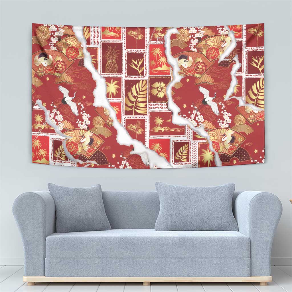 Hawaii Japanese Culture Red Tapestry Spring Cranes Aloha Pattern LT01 - Polynesian Pride