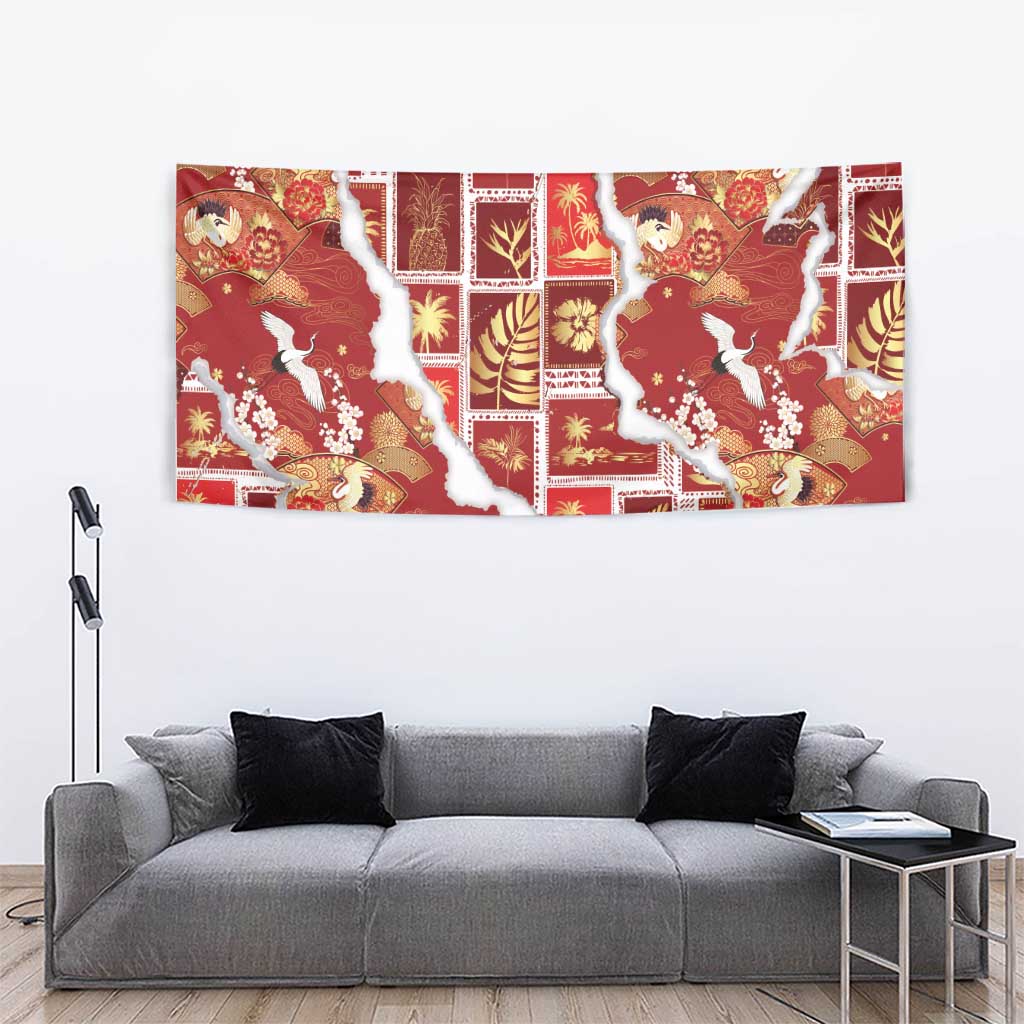Hawaii Japanese Culture Red Tapestry Spring Cranes Aloha Pattern LT01 - Polynesian Pride