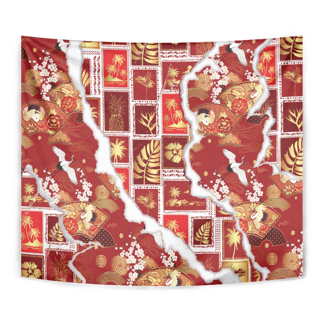 Hawaii Japanese Culture Red Tapestry Spring Cranes Aloha Pattern LT01 - Polynesian Pride