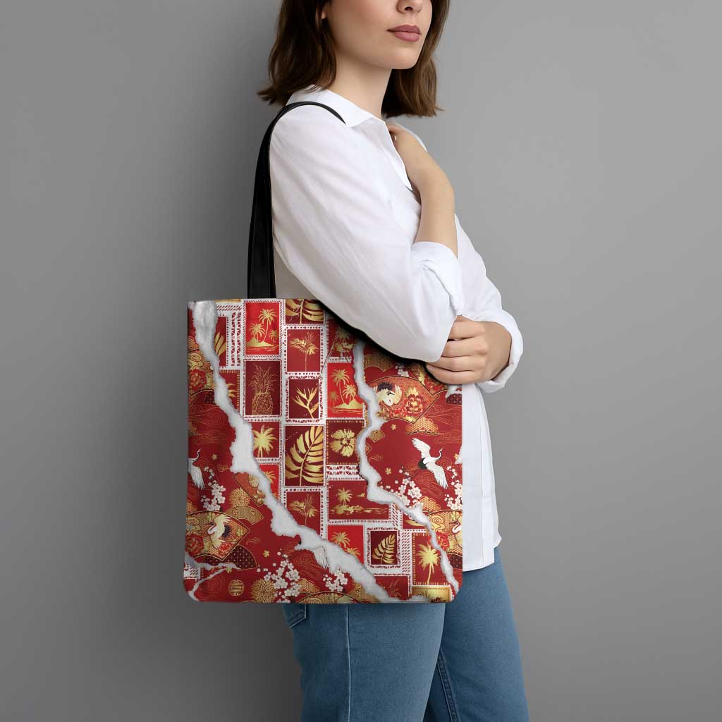 Hawaii Japanese Culture Red Tote Bag Spring Cranes Aloha Pattern LT01 - Polynesian Pride