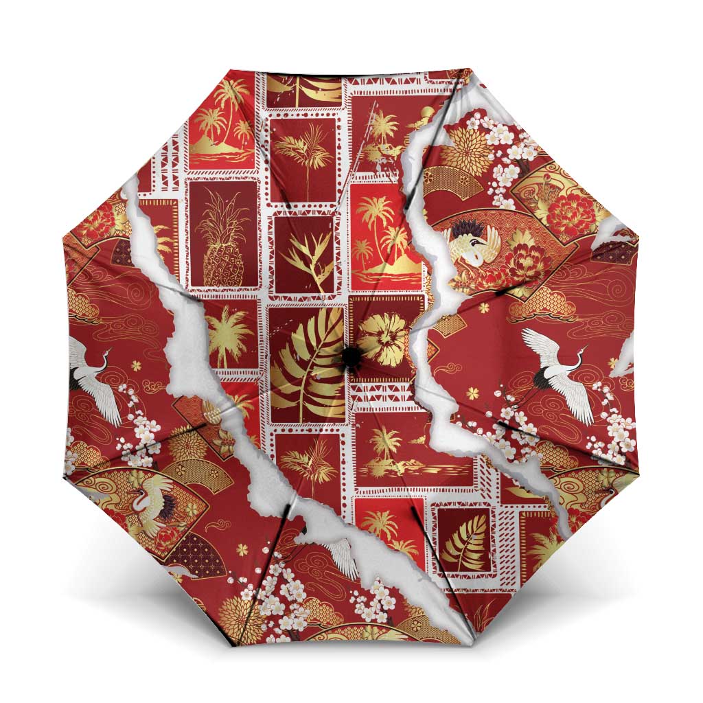 Hawaii Japanese Culture Red Umbrella Spring Cranes Aloha Pattern LT01 One Size Folded 11.42 inch Opened Diameter 37.4 inch Red - Polynesian Pride
