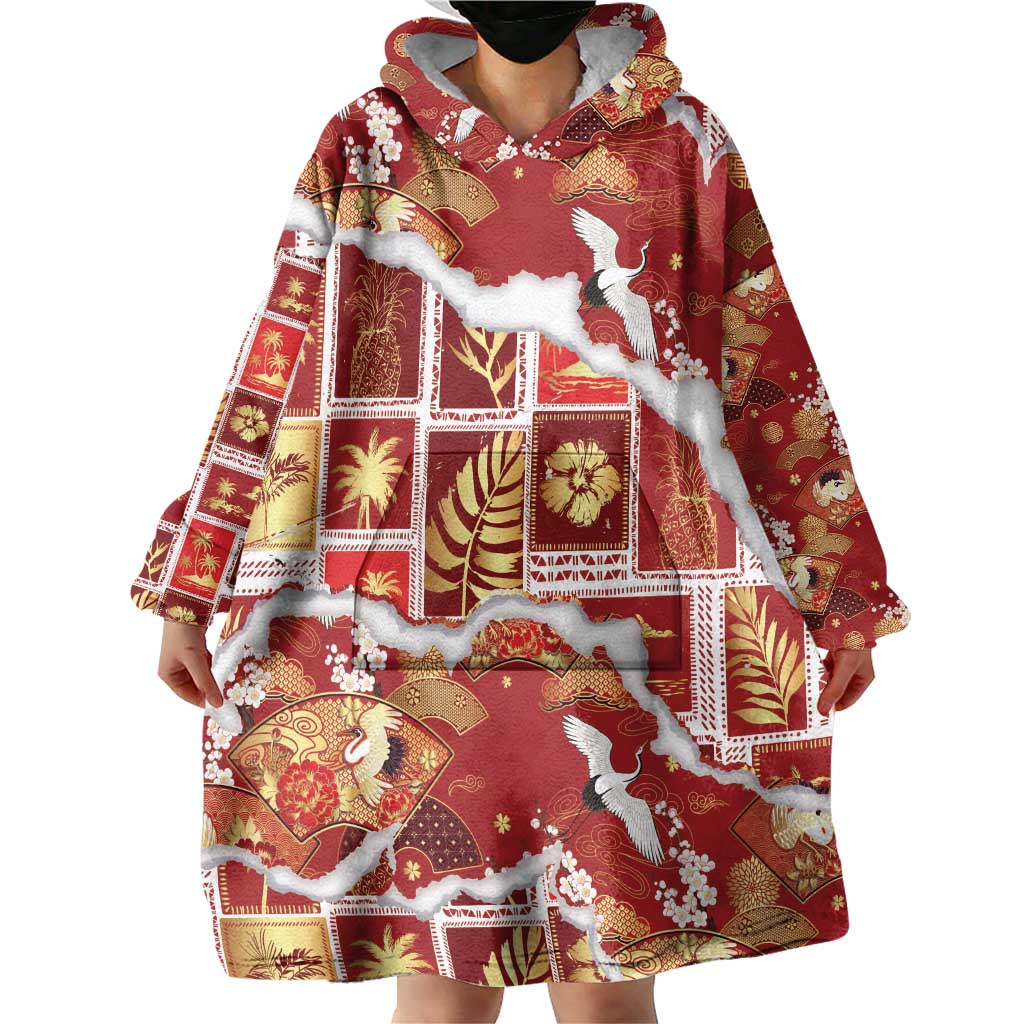 Hawaii Japanese Culture Red Wearable Blanket Hoodie Spring Cranes Aloha Pattern LT01 - Polynesian Pride