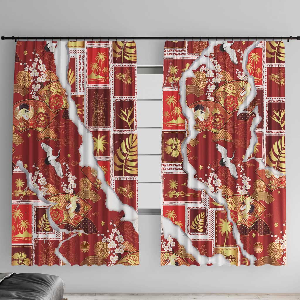 Hawaii Japanese Culture Red Window Curtain Spring Cranes Aloha Pattern LT01 With Hooks Red - Polynesian Pride