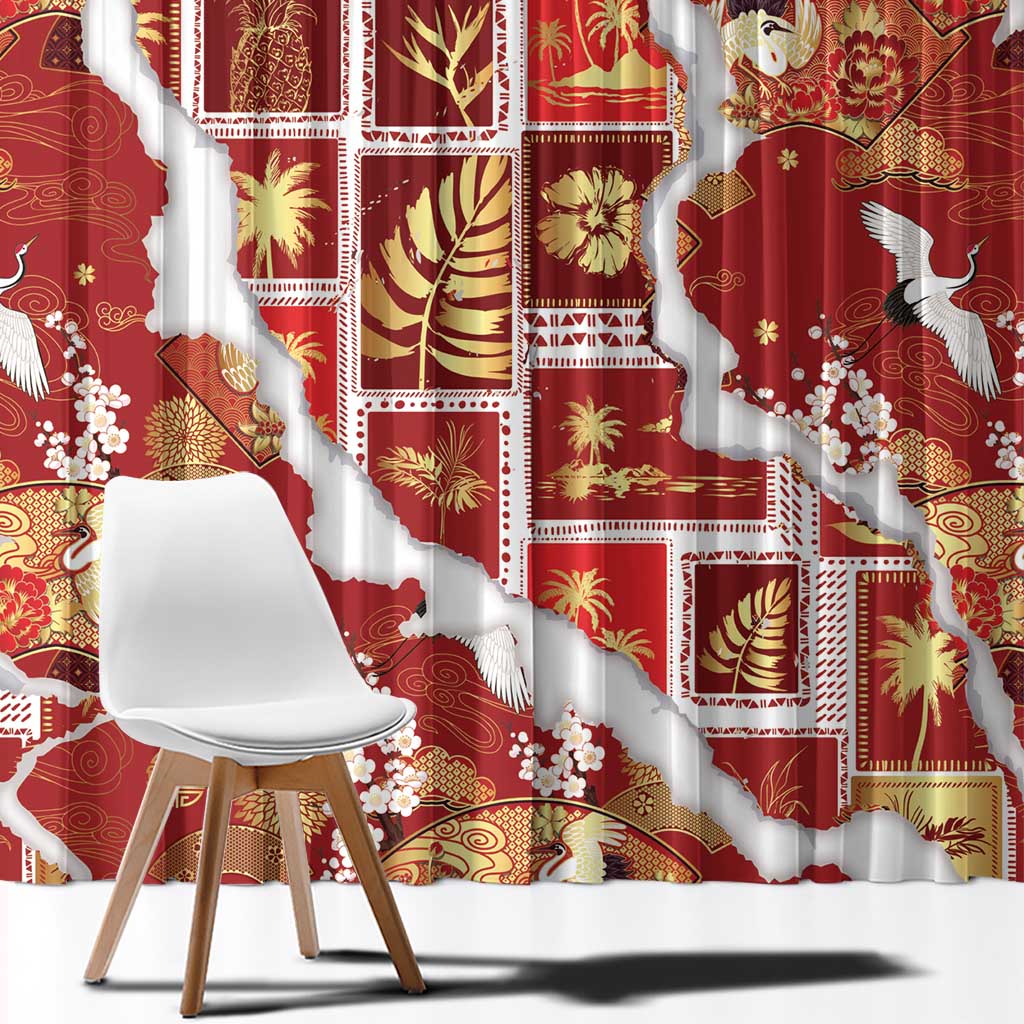 Hawaii Japanese Culture Red Window Curtain Spring Cranes Aloha Pattern LT01 - Polynesian Pride