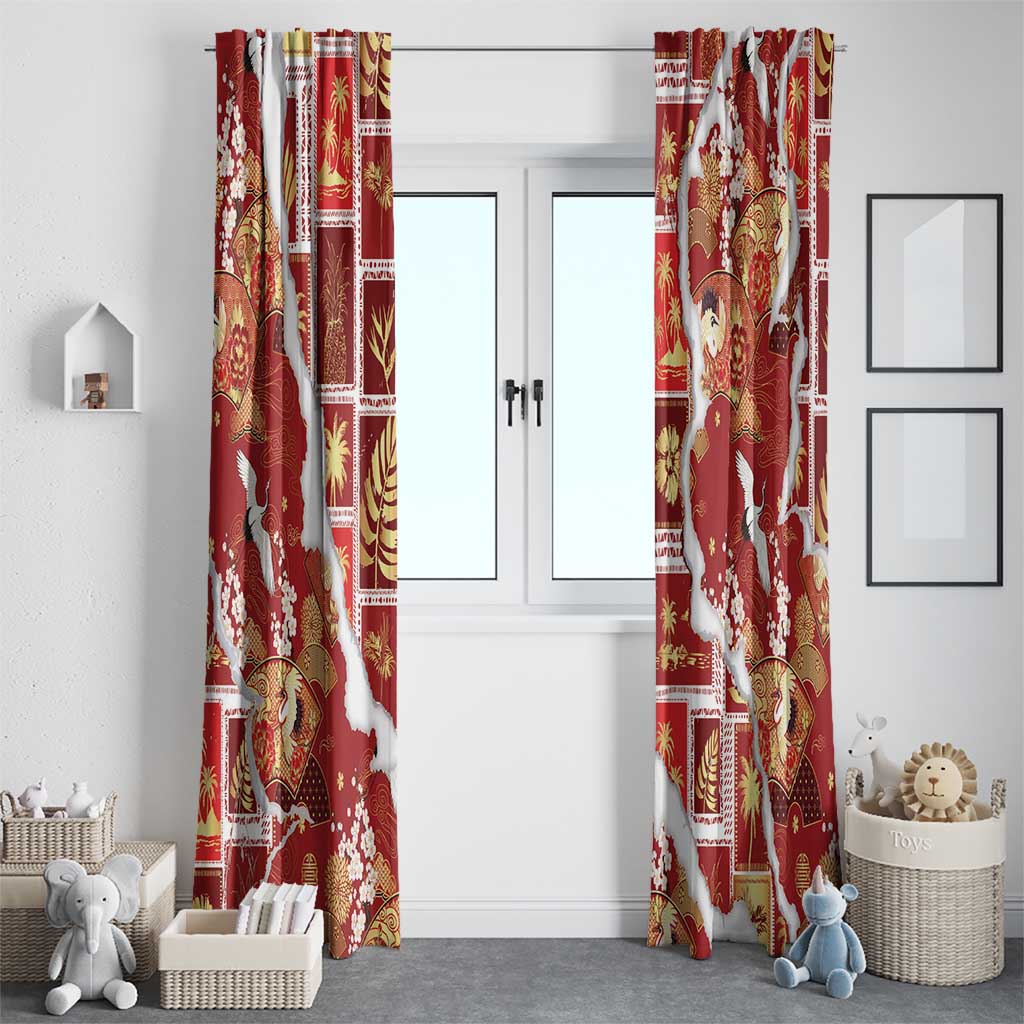 Hawaii Japanese Culture Red Window Curtain Spring Cranes Aloha Pattern LT01 - Polynesian Pride