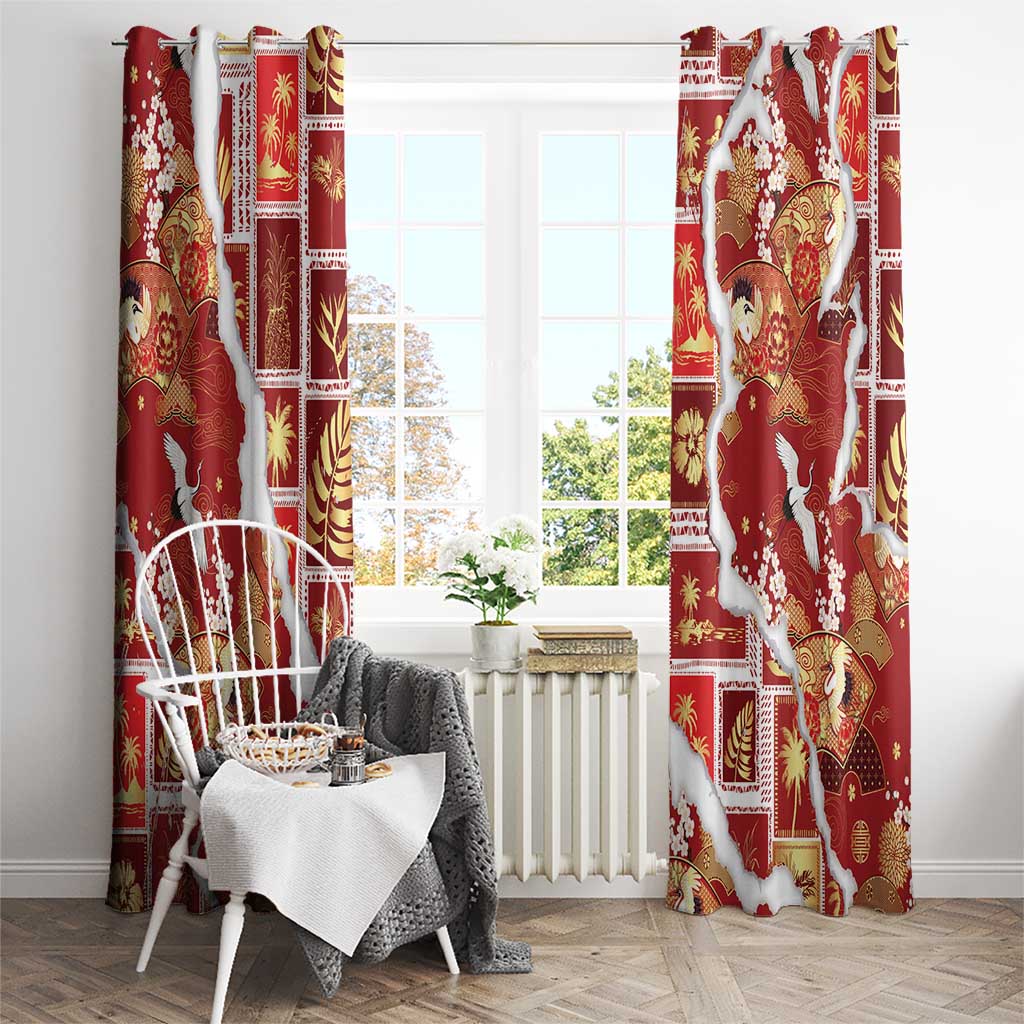 Hawaii Japanese Culture Red Window Curtain Spring Cranes Aloha Pattern LT01 - Polynesian Pride