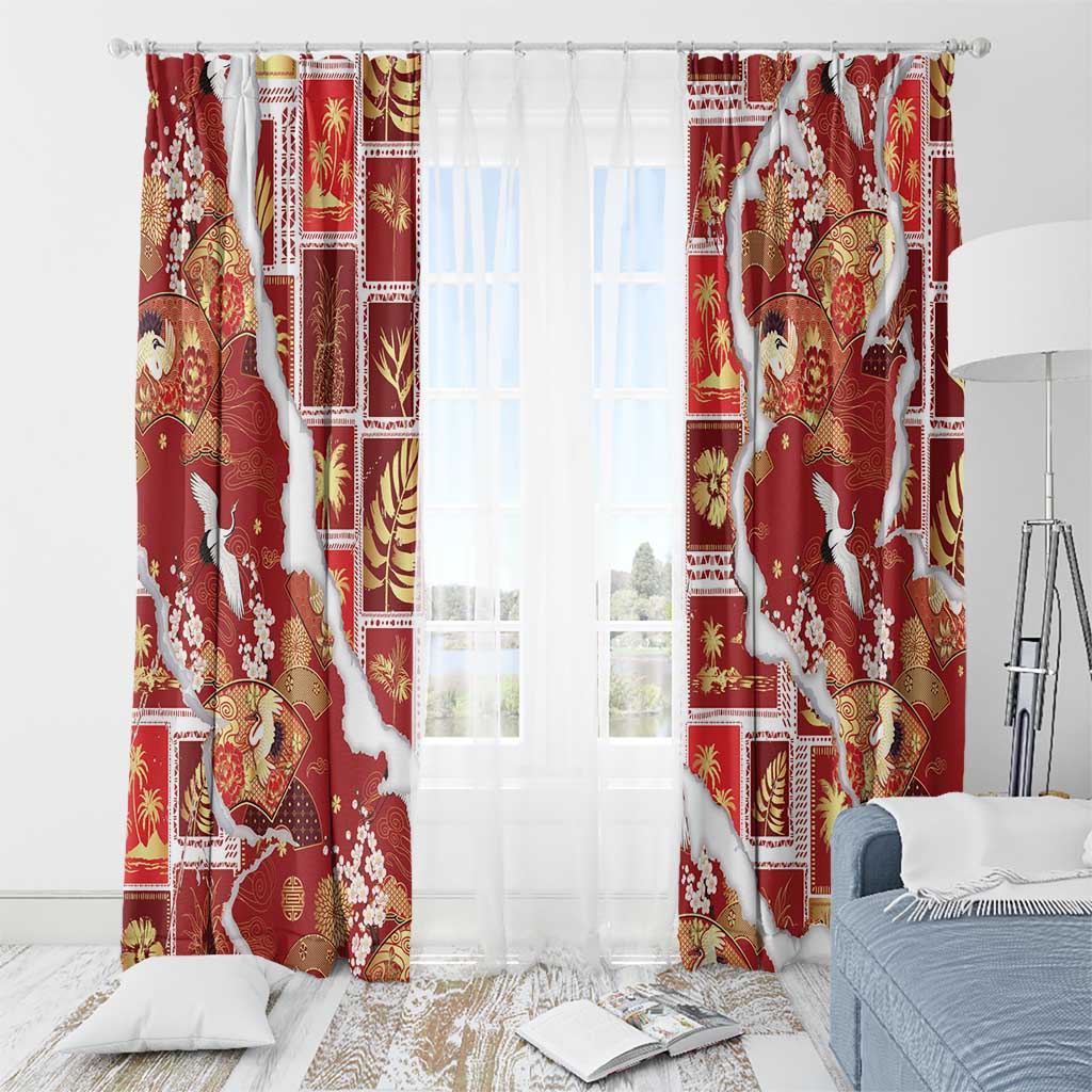 Hawaii Japanese Culture Red Window Curtain Spring Cranes Aloha Pattern LT01 - Polynesian Pride