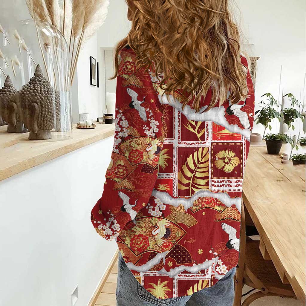 Hawaii Japanese Culture Red Women Casual Shirt Spring Cranes Aloha Pattern