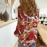 Hawaii Japanese Culture Red Women Casual Shirt Spring Cranes Aloha Pattern