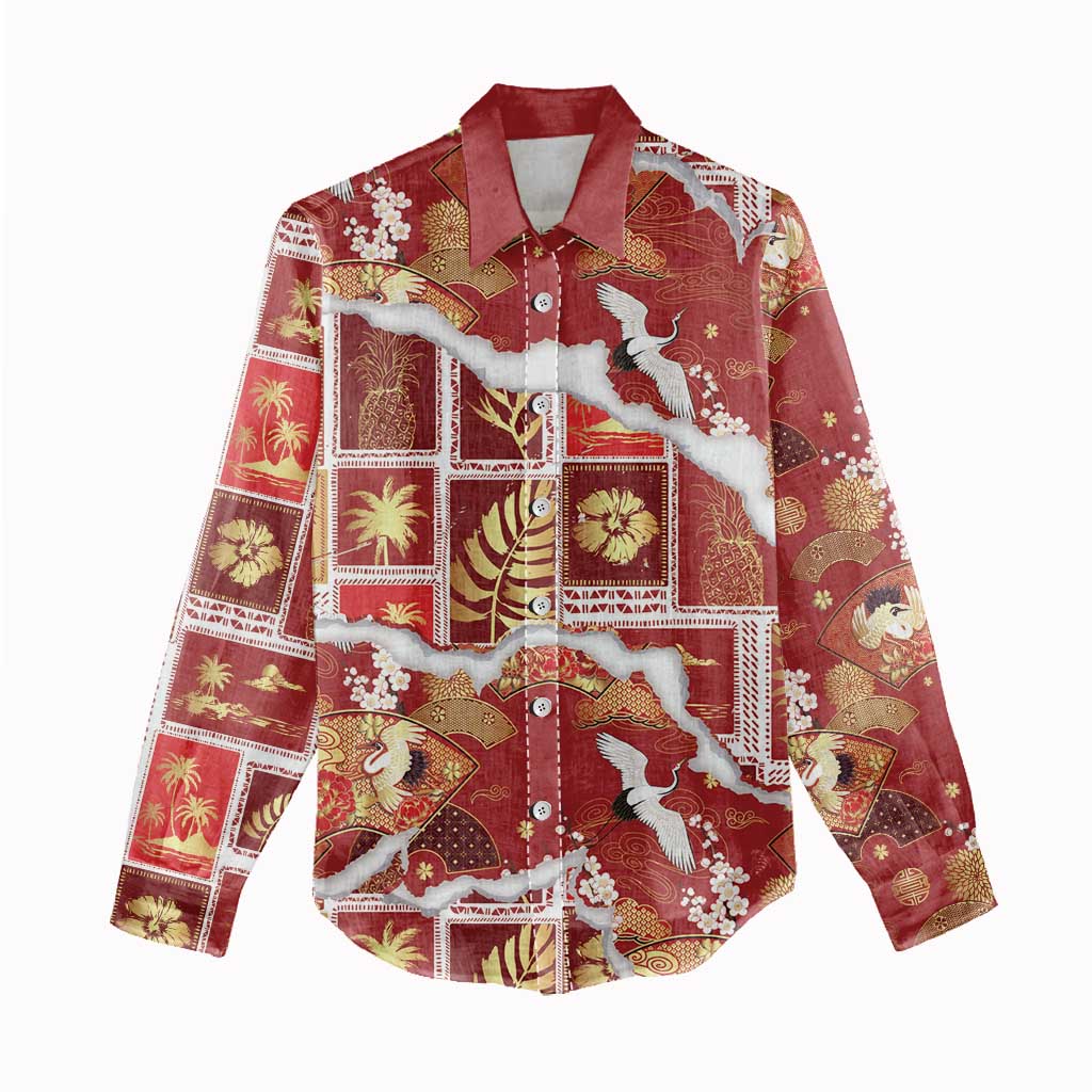 Hawaii Japanese Culture Red Women Casual Shirt Spring Cranes Aloha Pattern