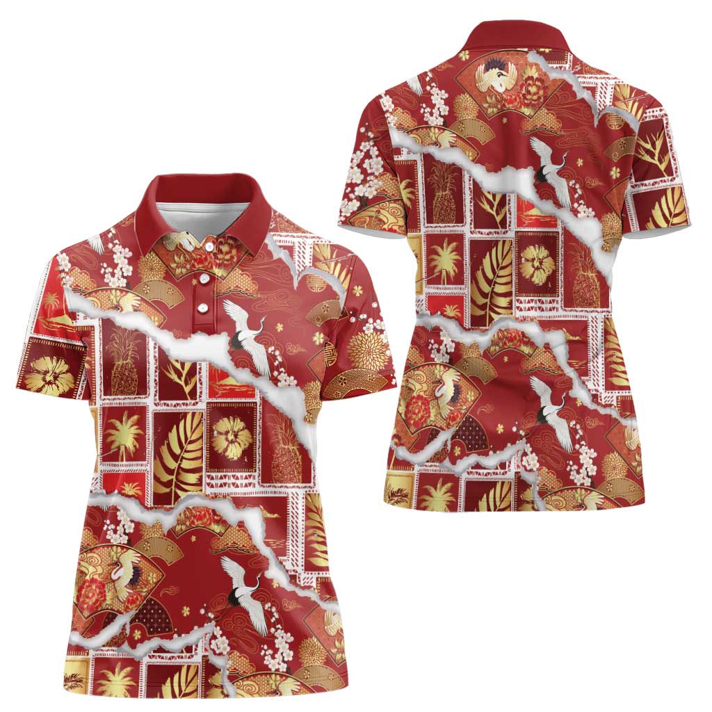 Hawaii Japanese Culture Red Women Polo Shirt Spring Cranes Aloha Pattern