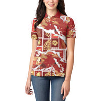 Hawaii Japanese Culture Red Women Polo Shirt Spring Cranes Aloha Pattern