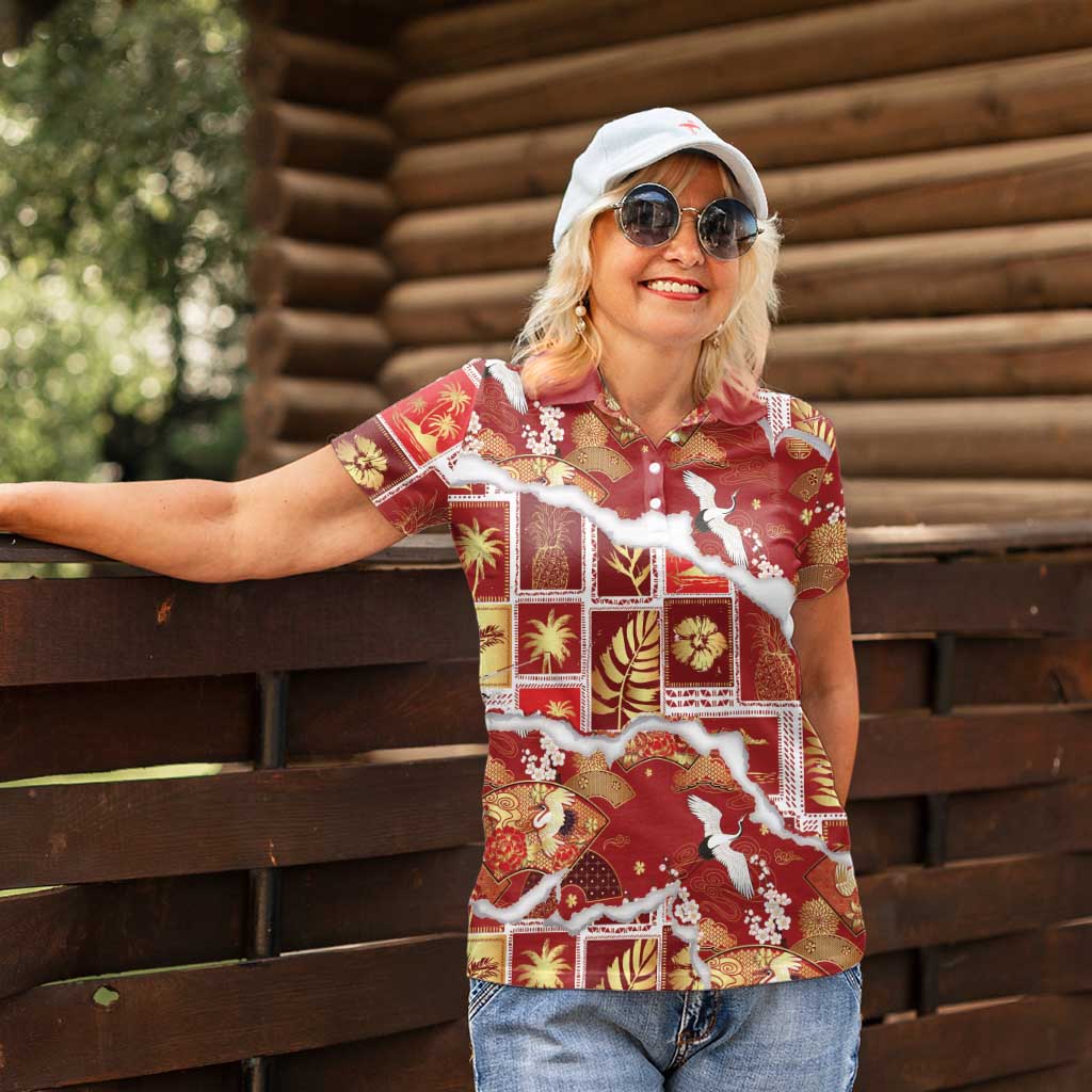 Hawaii Japanese Culture Red Women Polo Shirt Spring Cranes Aloha Pattern
