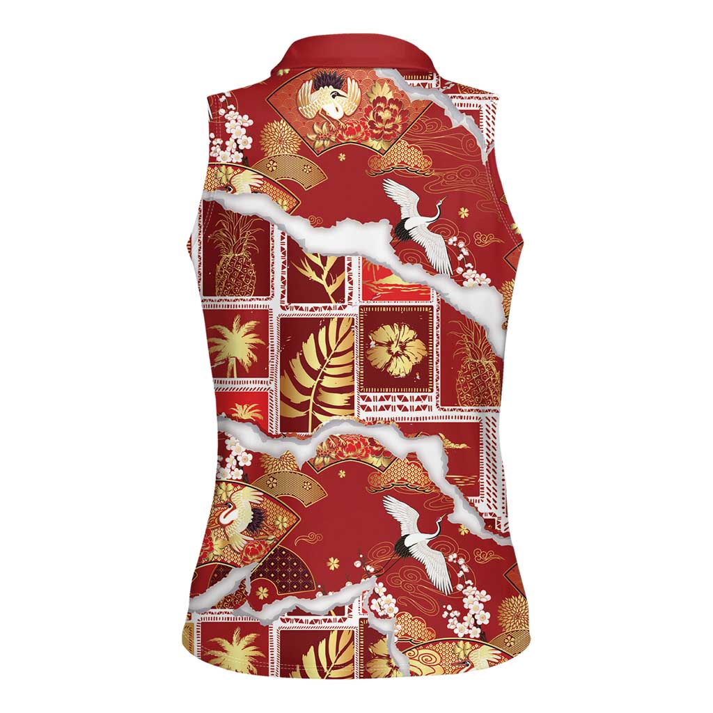 Hawaii Japanese Culture Red Women Sleeveless Polo Shirt Spring Cranes Aloha Pattern LT01 - Polynesian Pride