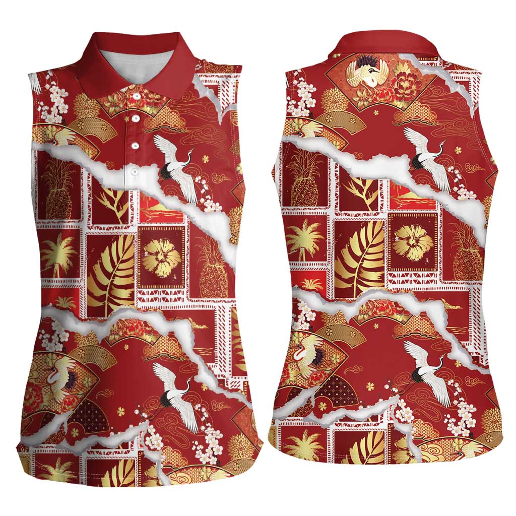 Hawaii Japanese Culture Red Women Sleeveless Polo Shirt Spring Cranes Aloha Pattern LT01 - Polynesian Pride
