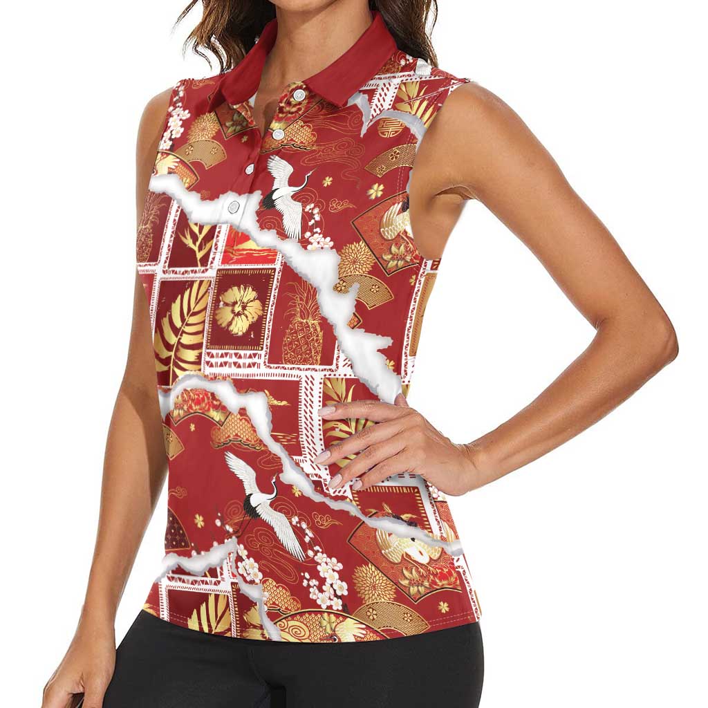 Hawaii Japanese Culture Red Women Sleeveless Polo Shirt Spring Cranes Aloha Pattern LT01 - Polynesian Pride