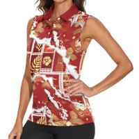 Hawaii Japanese Culture Red Women Sleeveless Polo Shirt Spring Cranes Aloha Pattern LT01 - Polynesian Pride