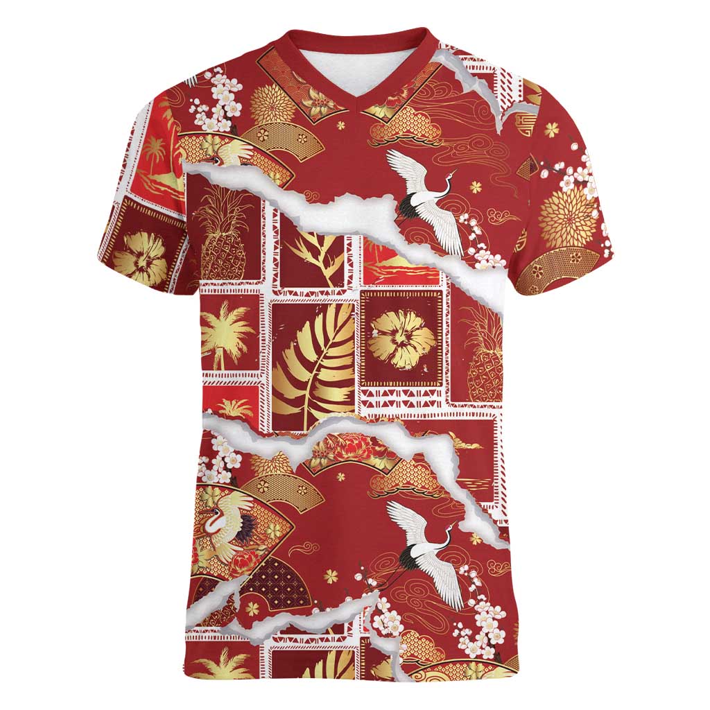 Hawaii Japanese Culture Red Women V-Neck T-Shirt Spring Cranes Aloha Pattern LT01 Female Red - Polynesian Pride