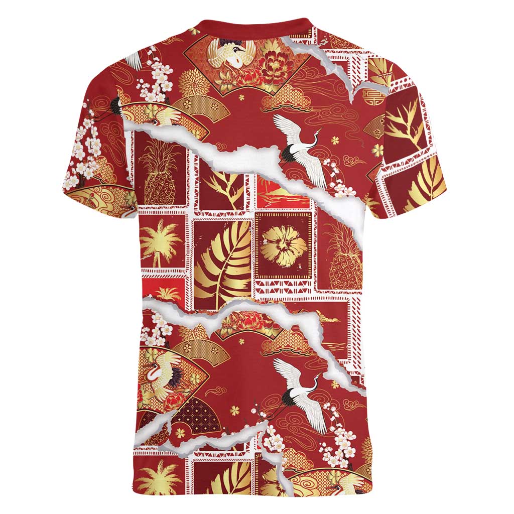 Hawaii Japanese Culture Red Women V-Neck T-Shirt Spring Cranes Aloha Pattern LT01 - Polynesian Pride