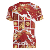 Hawaii Japanese Culture Red Women V-Neck T-Shirt Spring Cranes Aloha Pattern LT01 - Polynesian Pride