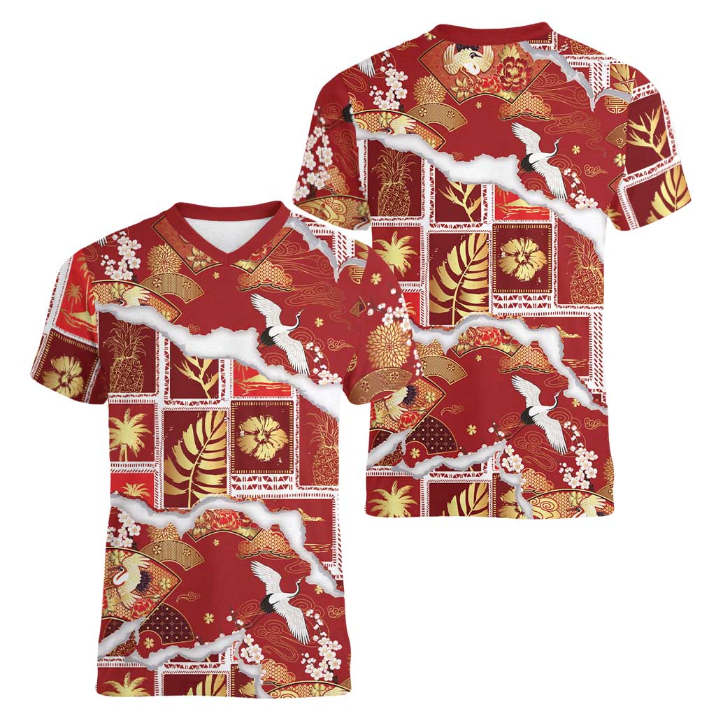 Hawaii Japanese Culture Red Women V-Neck T-Shirt Spring Cranes Aloha Pattern LT01 - Polynesian Pride