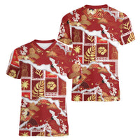 Hawaii Japanese Culture Red Women V-Neck T-Shirt Spring Cranes Aloha Pattern LT01 - Polynesian Pride