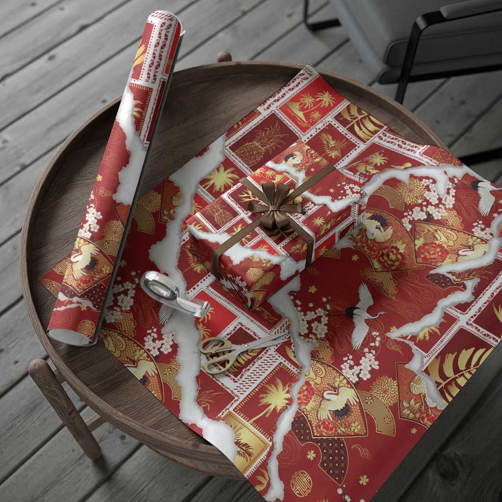 Hawaii Japanese Culture Red Wrapping Paper Spring Cranes Aloha Pattern LT01 - Polynesian Pride