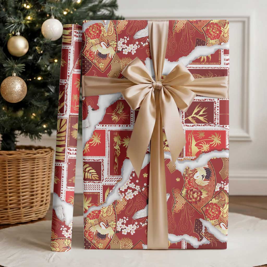 Hawaii Japanese Culture Red Wrapping Paper Spring Cranes Aloha Pattern LT01 - Polynesian Pride