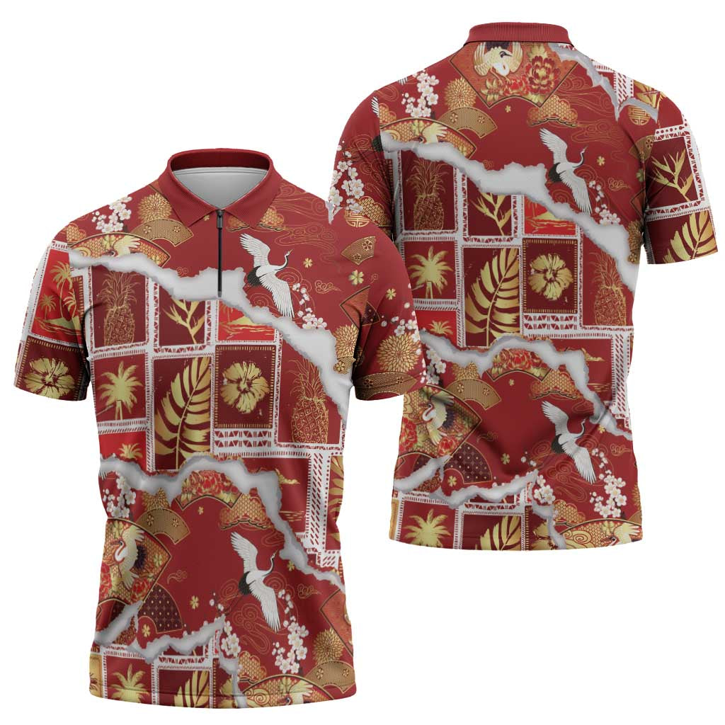 Hawaii Japanese Culture Red Zipper Polo Shirt Spring Cranes Aloha Pattern LT01 - Polynesian Pride