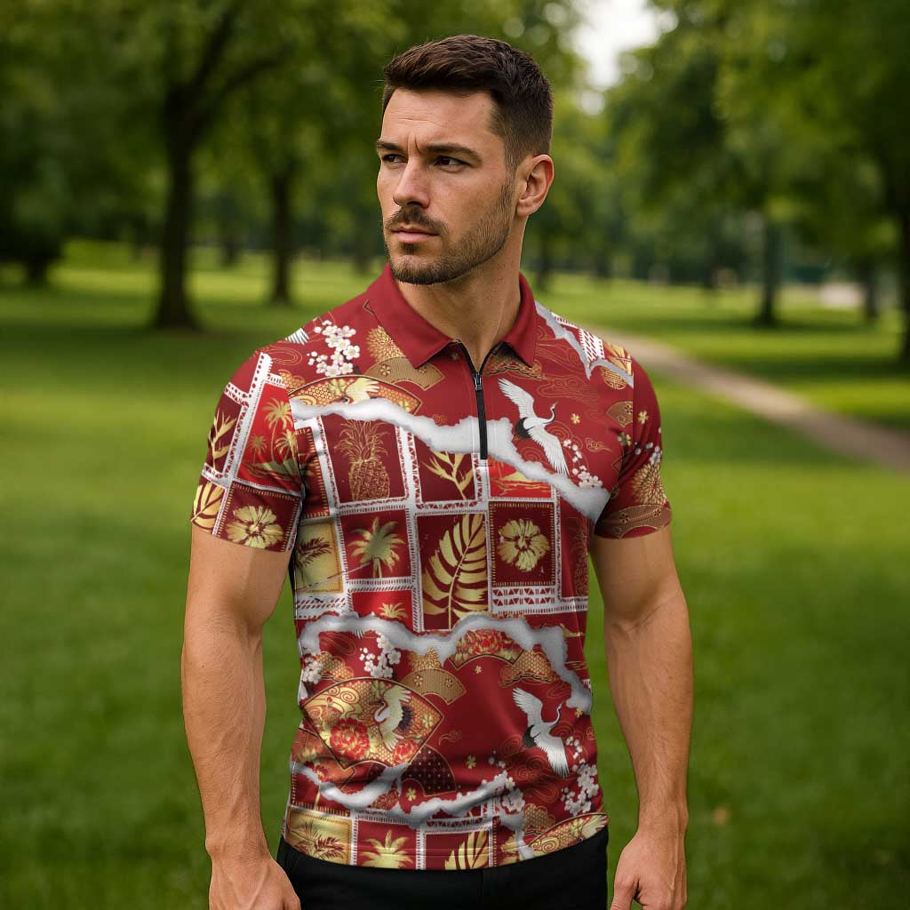 Hawaii Japanese Culture Red Zipper Polo Shirt Spring Cranes Aloha Pattern LT01 - Polynesian Pride