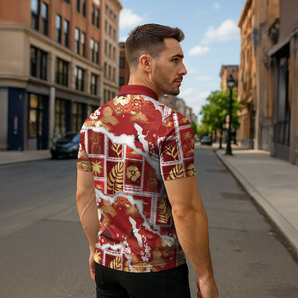 Hawaii Japanese Culture Red Zipper Polo Shirt Spring Cranes Aloha Pattern LT01 - Polynesian Pride