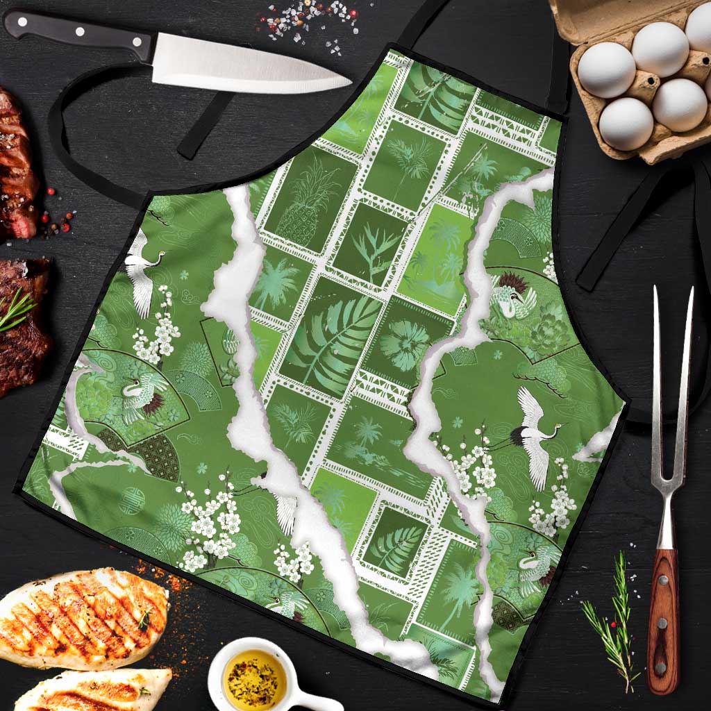 Hawaii Japanese Culture Sage Green Apron Spring Cranes Aloha Pattern LT01 Sage - Polynesian Pride
