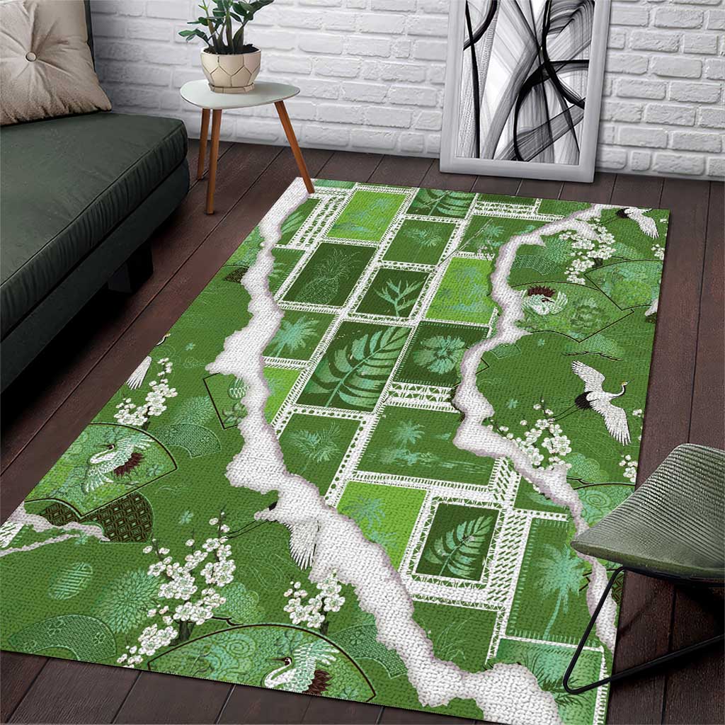 Hawaii Japanese Culture Sage Green Area Rug Spring Cranes Aloha Pattern