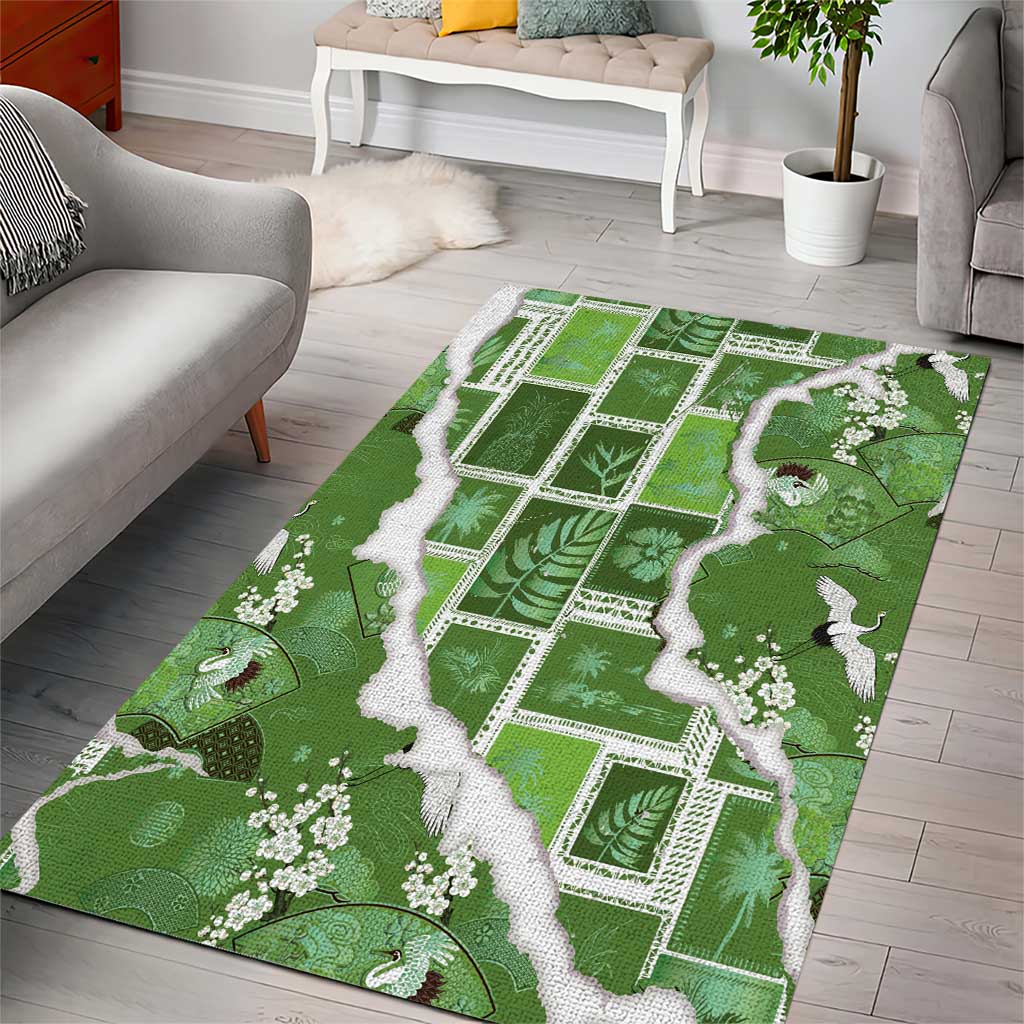 Hawaii Japanese Culture Sage Green Area Rug Spring Cranes Aloha Pattern
