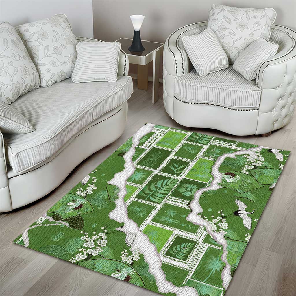 Hawaii Japanese Culture Sage Green Area Rug Spring Cranes Aloha Pattern