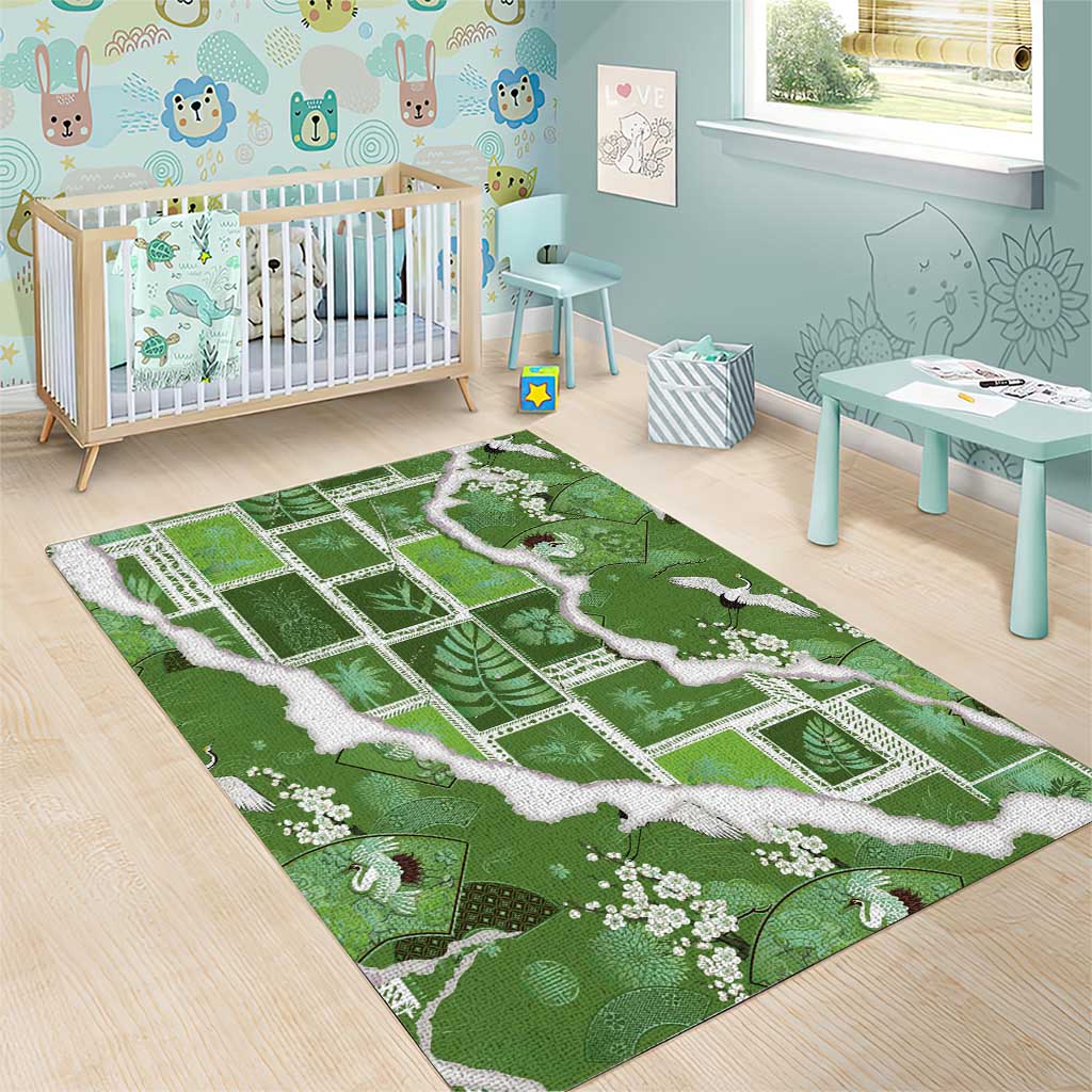 Hawaii Japanese Culture Sage Green Area Rug Spring Cranes Aloha Pattern