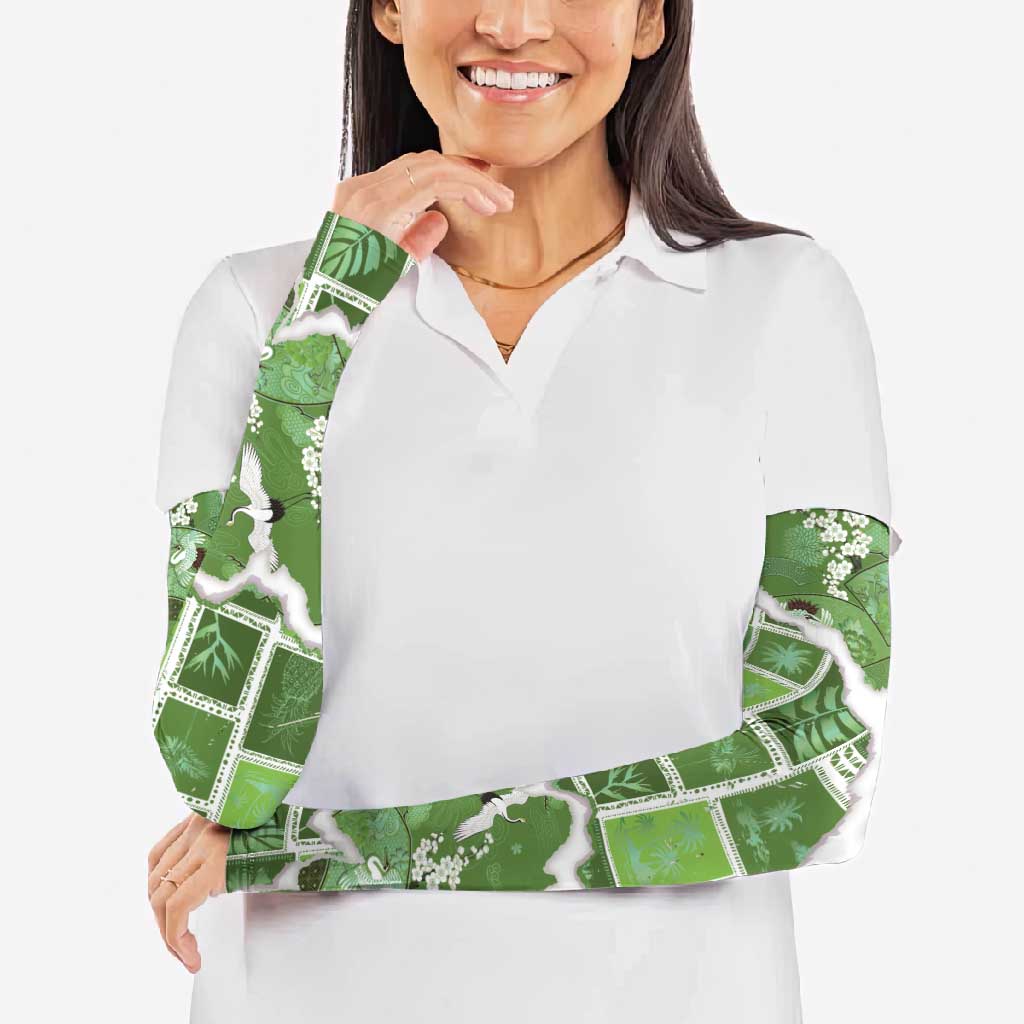 Hawaii Japanese Culture Sage Green Arm Sleeves Spring Cranes Aloha Pattern LT01 - Polynesian Pride