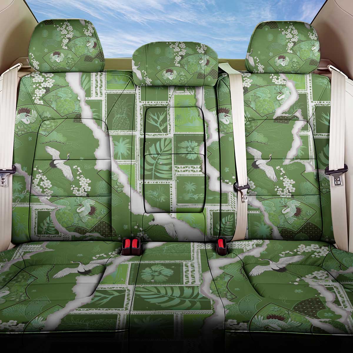 Hawaii Japanese Culture Sage Green Back Car Seat Cover Spring Cranes Aloha Pattern