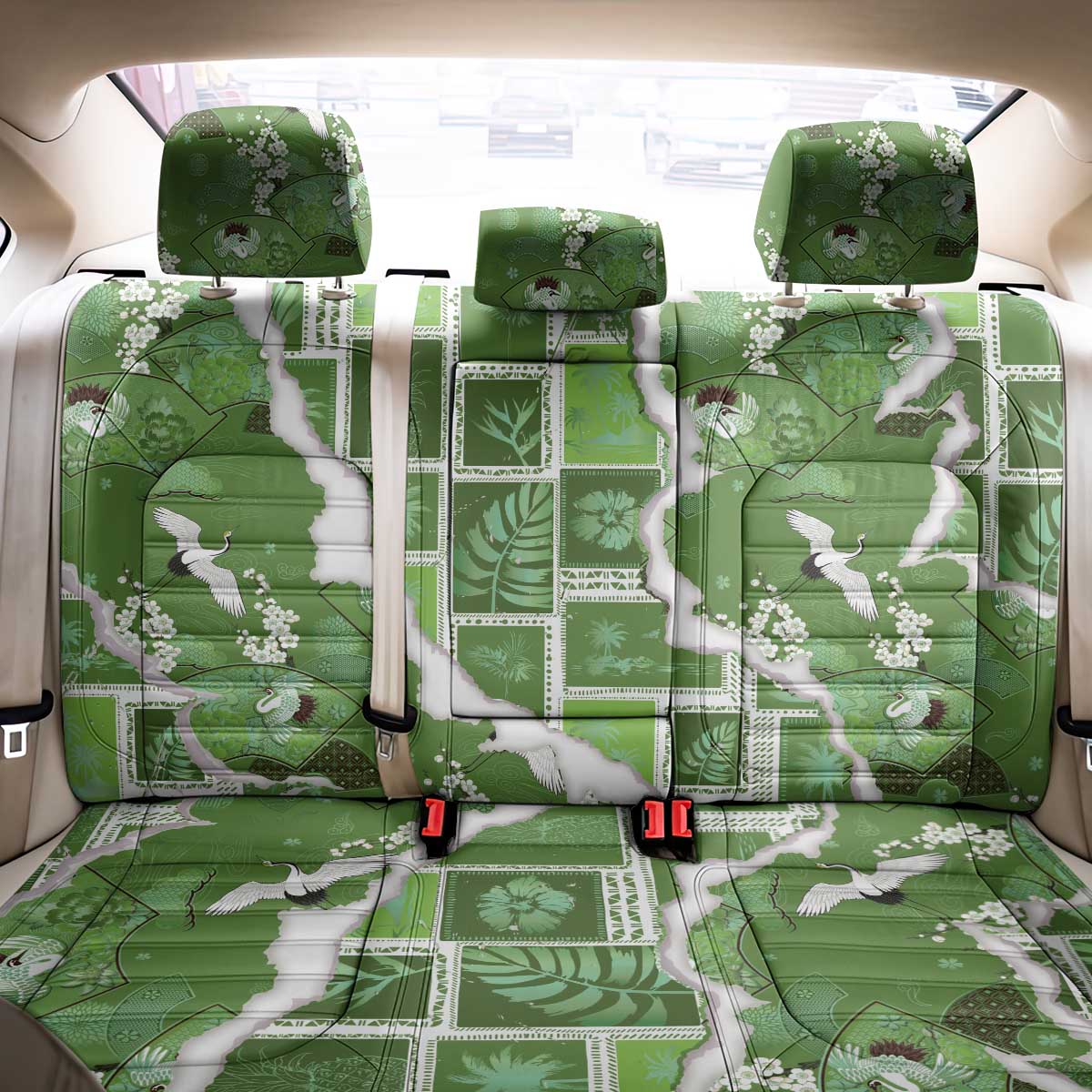 Hawaii Japanese Culture Sage Green Back Car Seat Cover Spring Cranes Aloha Pattern LT01 - Polynesian Pride