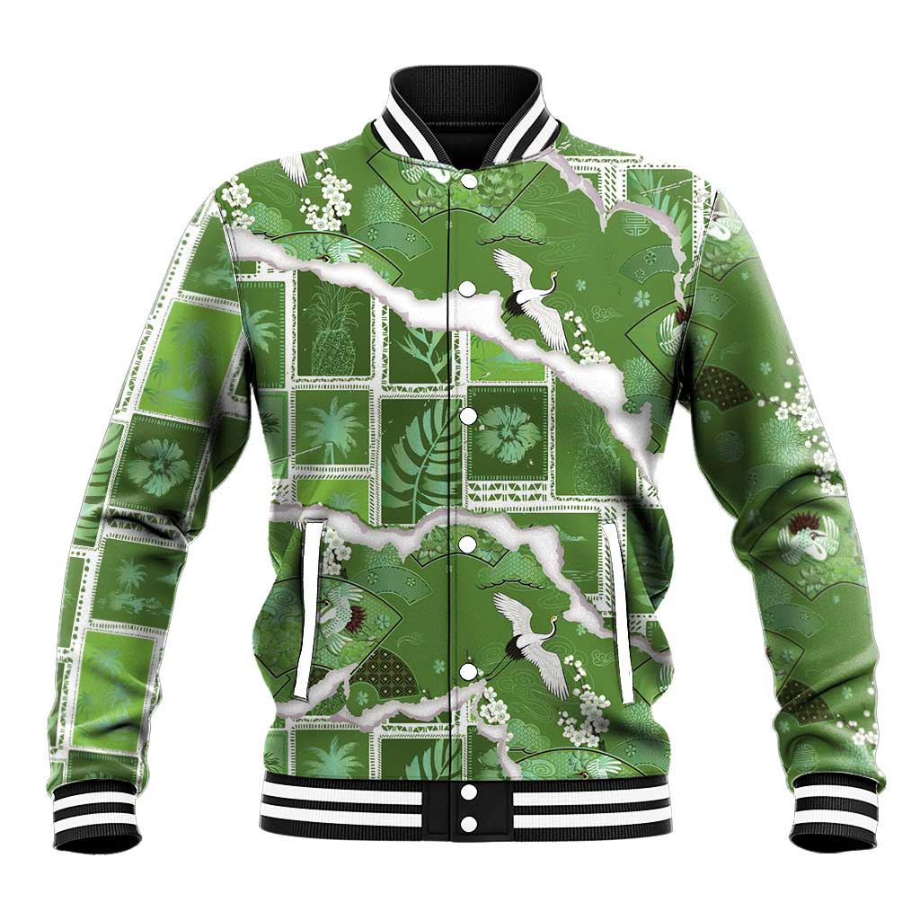 Hawaii Japanese Culture Sage Green Baseball Jacket Spring Cranes Aloha Pattern LT01 Unisex Sage - Polynesian Pride