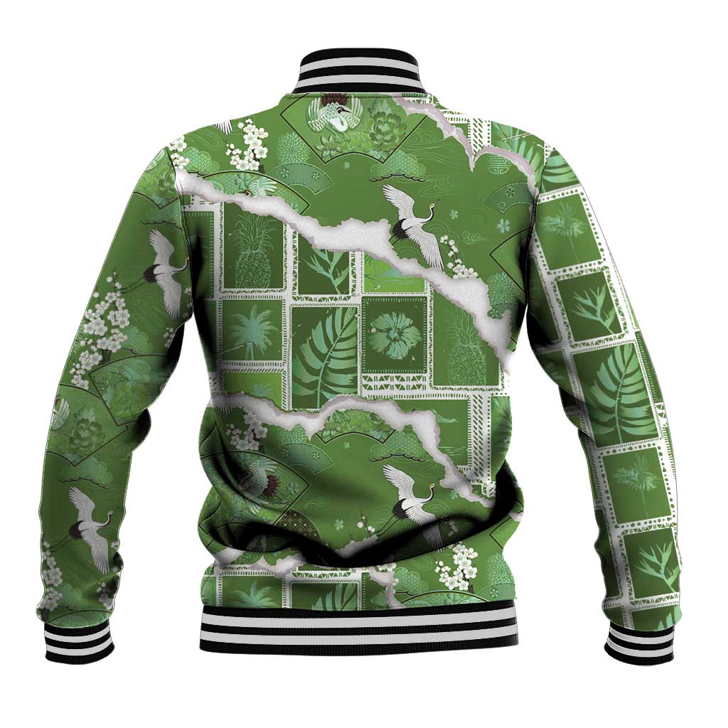 Hawaii Japanese Culture Sage Green Baseball Jacket Spring Cranes Aloha Pattern LT01 - Polynesian Pride