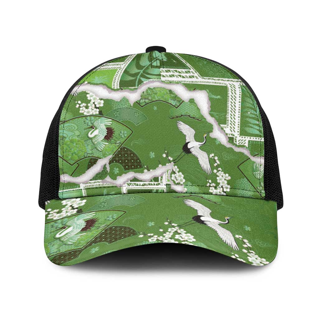Hawaii Japanese Culture Sage Green Baseball Net Cap Spring Cranes Aloha Pattern LT01 One Size Black Sage - Polynesian Pride