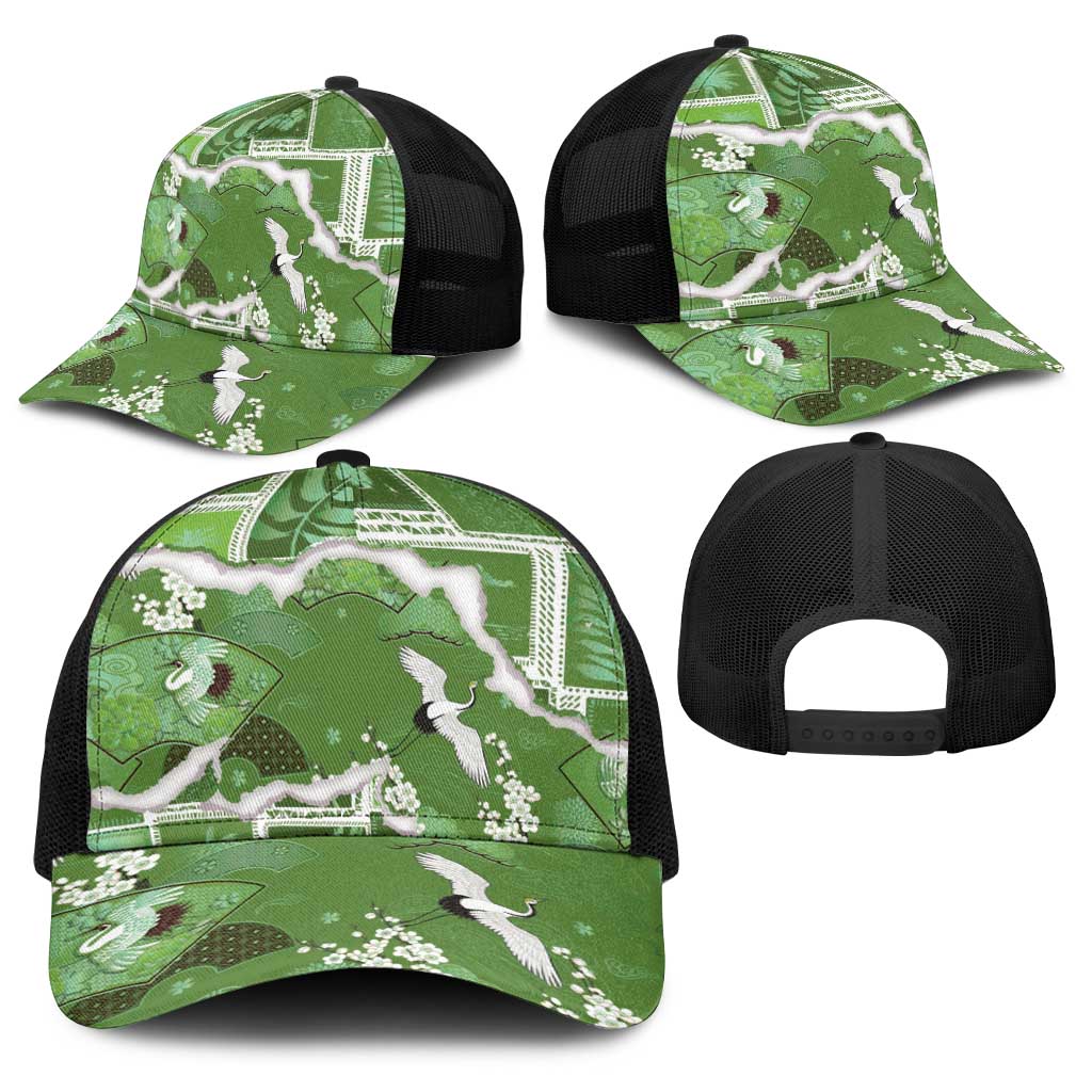 Hawaii Japanese Culture Sage Green Baseball Net Cap Spring Cranes Aloha Pattern LT01 - Polynesian Pride