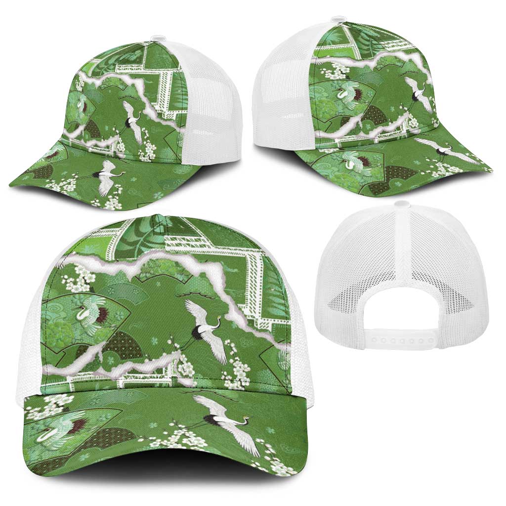 Hawaii Japanese Culture Sage Green Baseball Net Cap Spring Cranes Aloha Pattern LT01 - Polynesian Pride